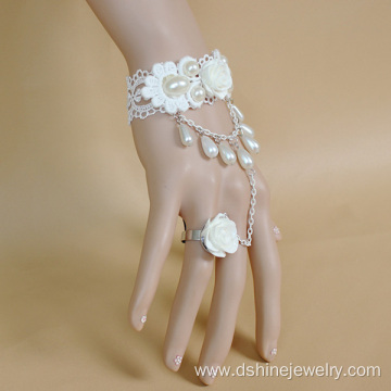 Rose Pearl Tassel Charm Lace Bracelet With Ring Set Bangle